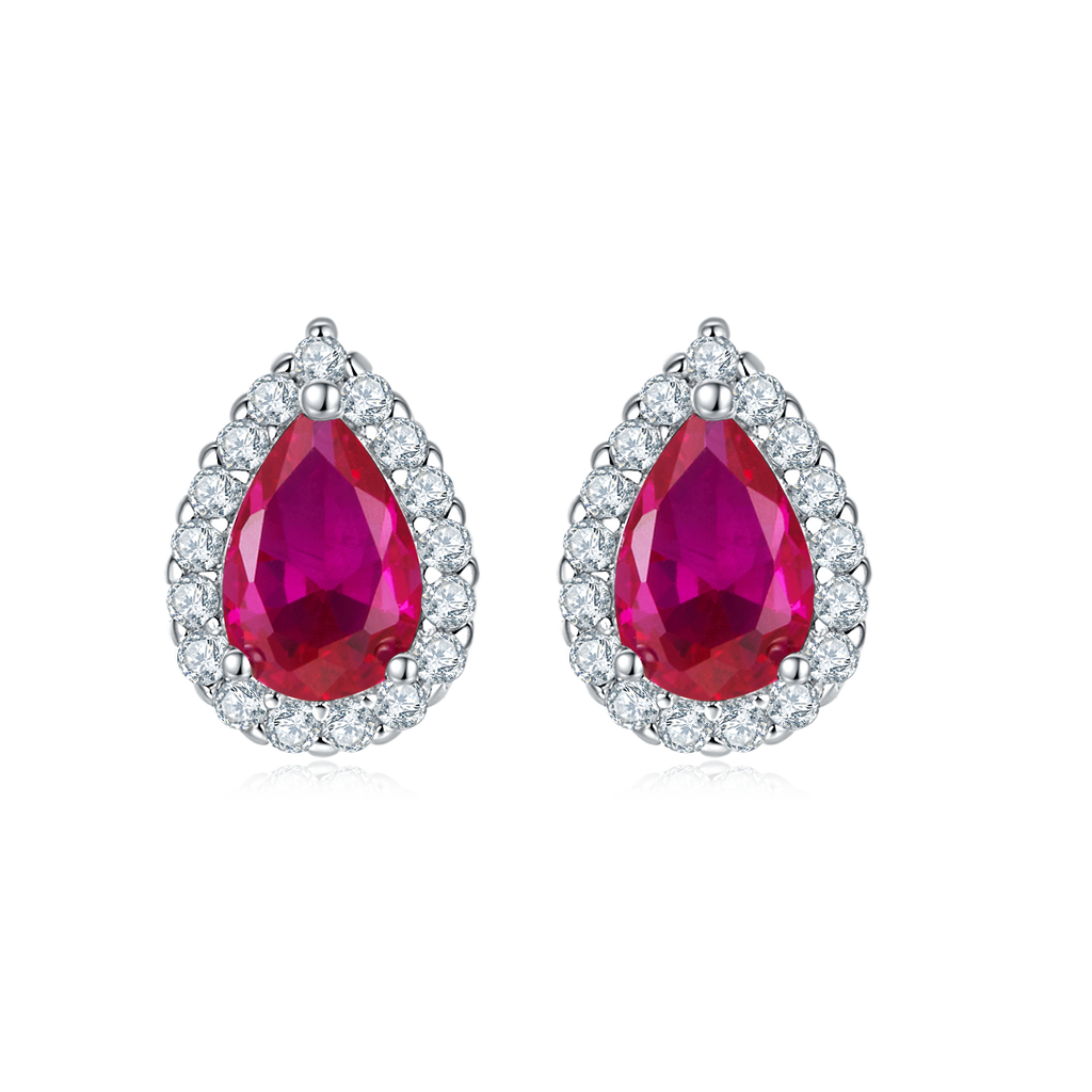 Pear-Cut Lab Ruby Halo Earrings in 925 Sterling Silver