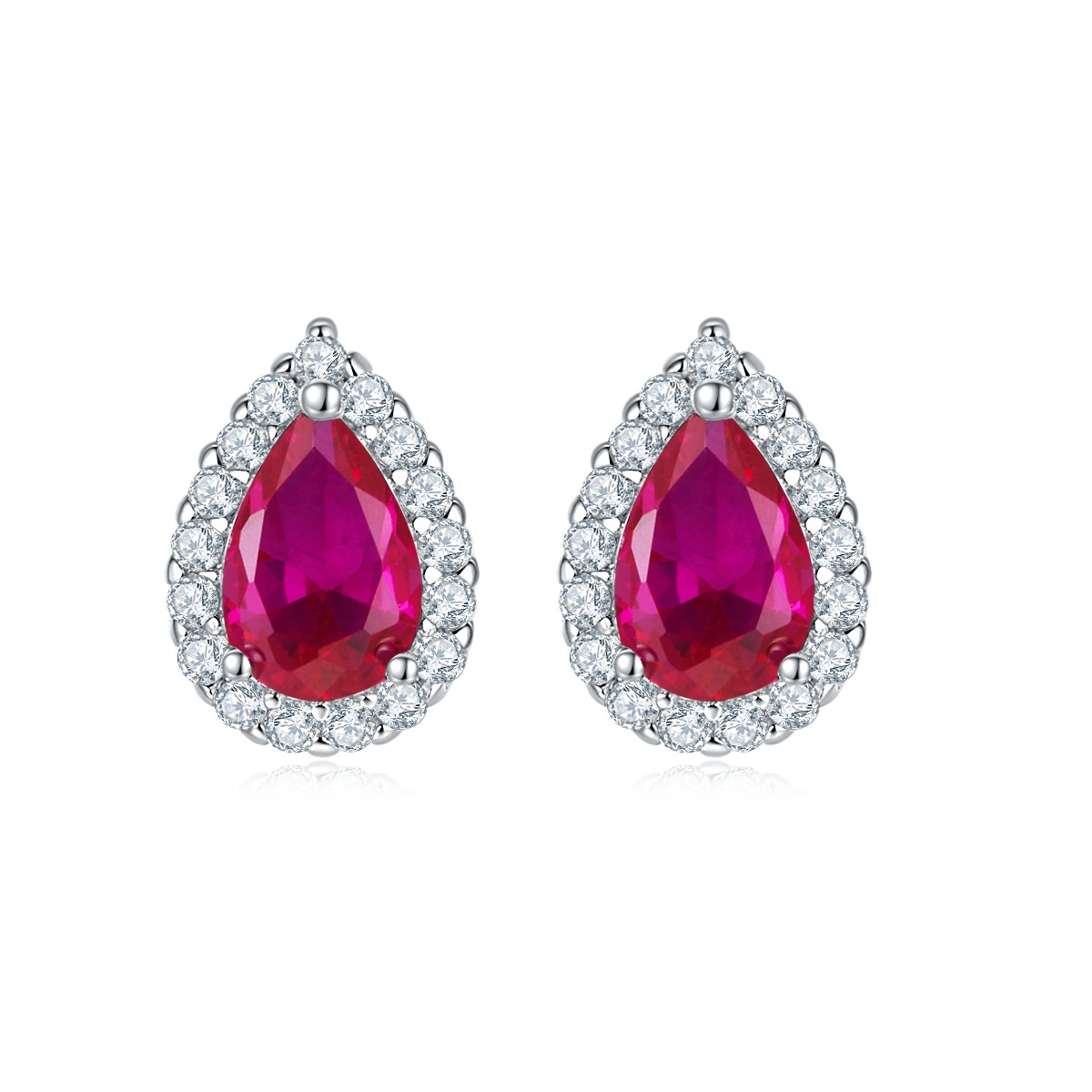 Pear-Cut Lab Ruby Halo Earrings in 925 Sterling Silver