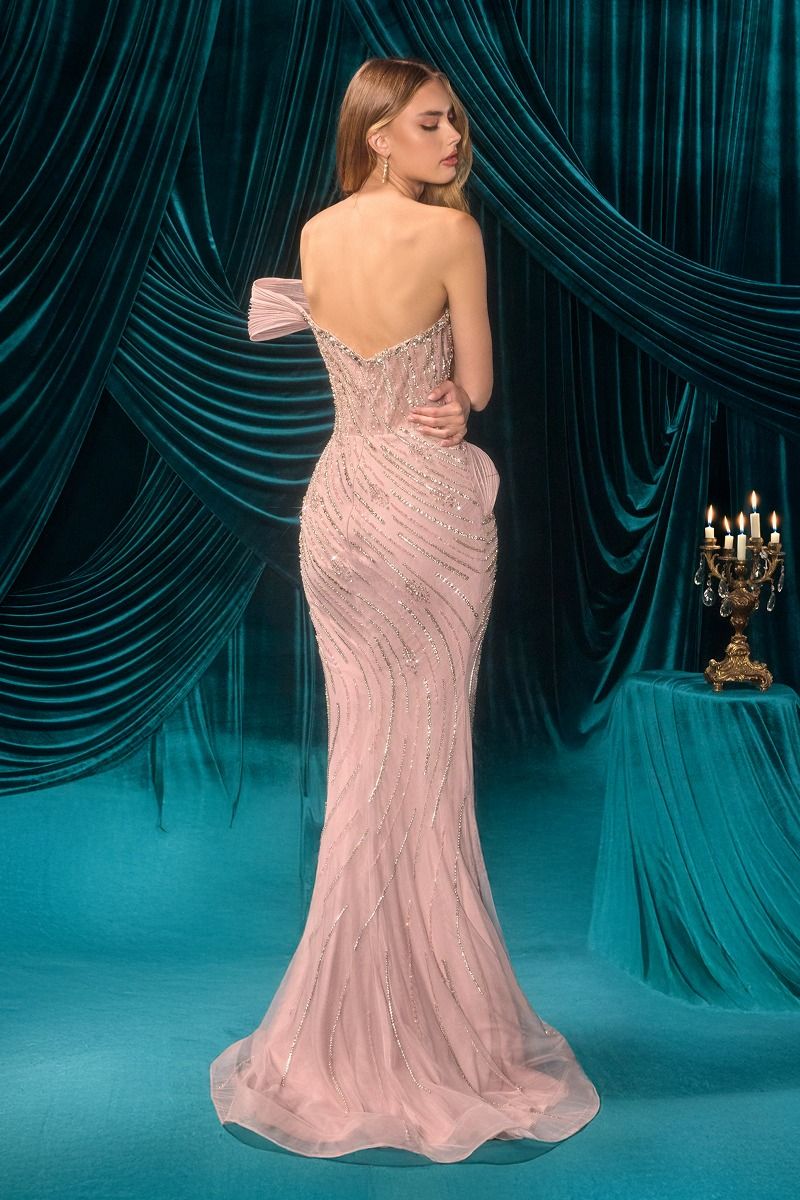 Sweetheart Crystal Beaded Gown with Sculptural Pleated Wrap