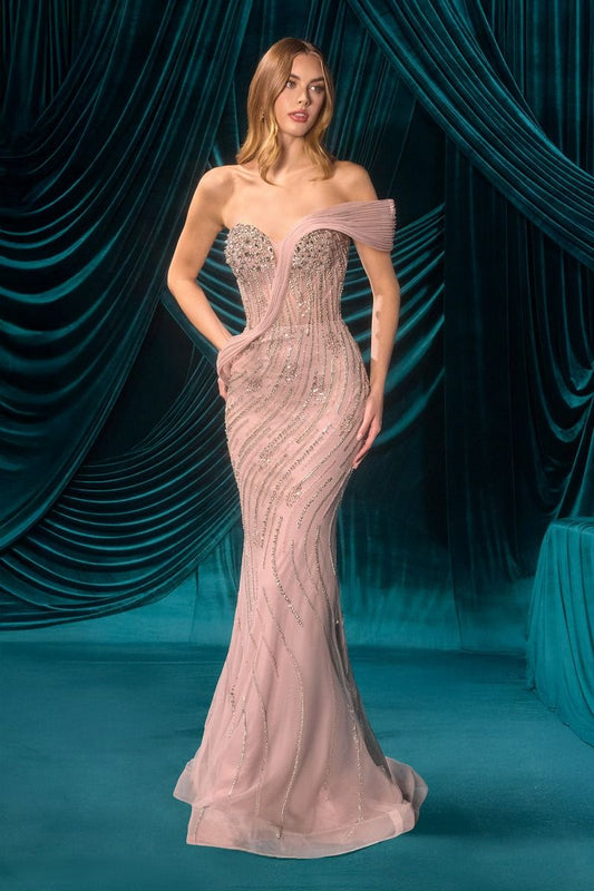 Sweetheart Crystal Beaded Gown with Sculptural Pleated Wrap