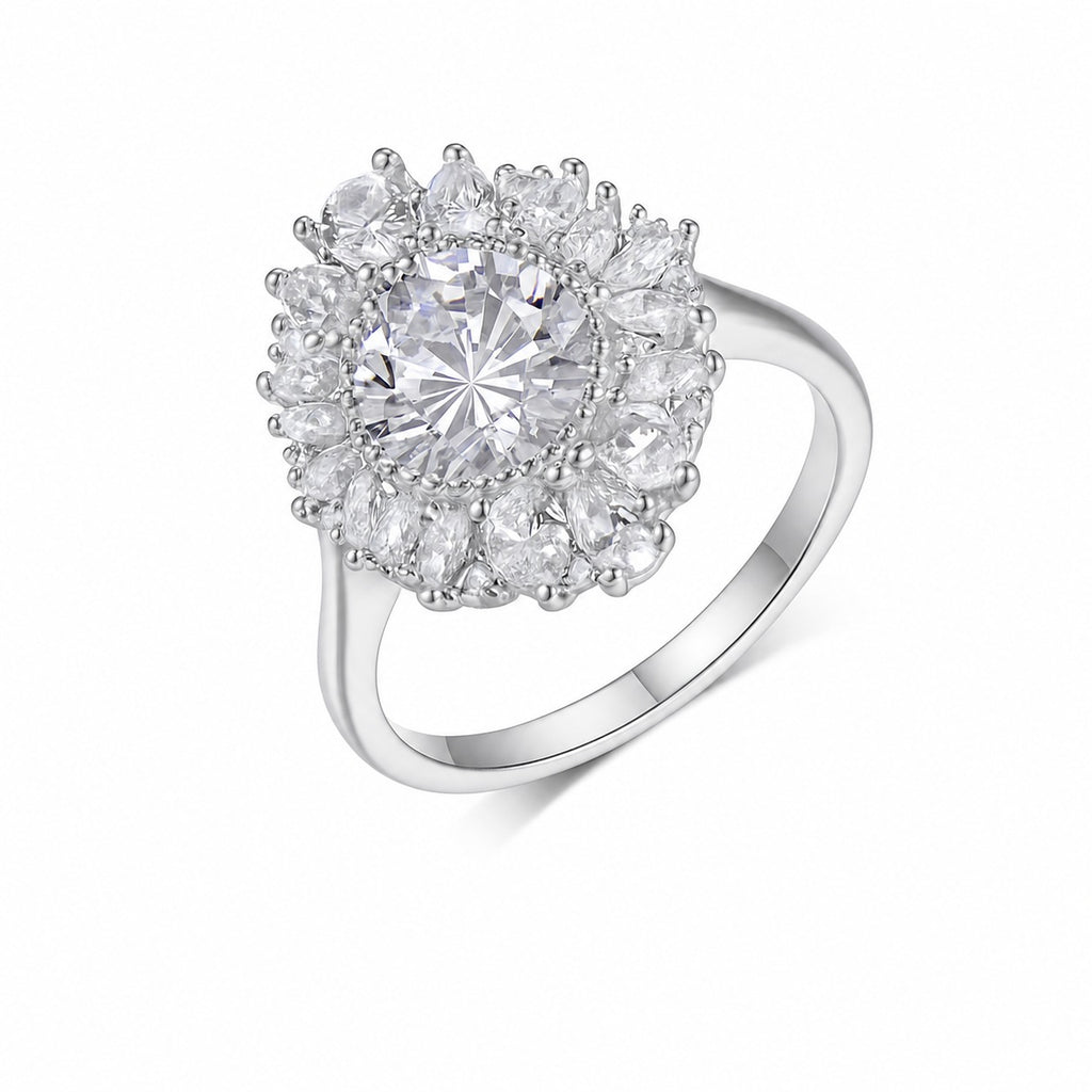 Large Flowered Moissanite Round Centre Stone  925 Sterling Silver Ring