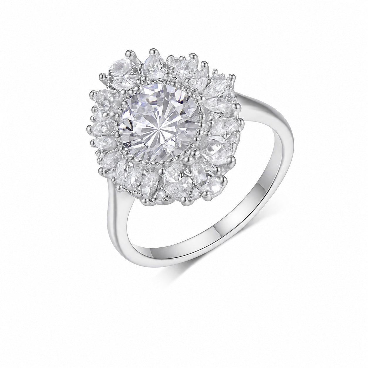 Large Flowered Moissanite Round Centre Stone  925 Sterling Silver Ring