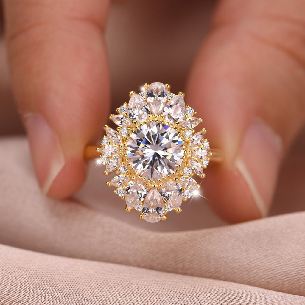 Large Flowered Moissanite Round Centre Stone  925 Sterling Silver Ring