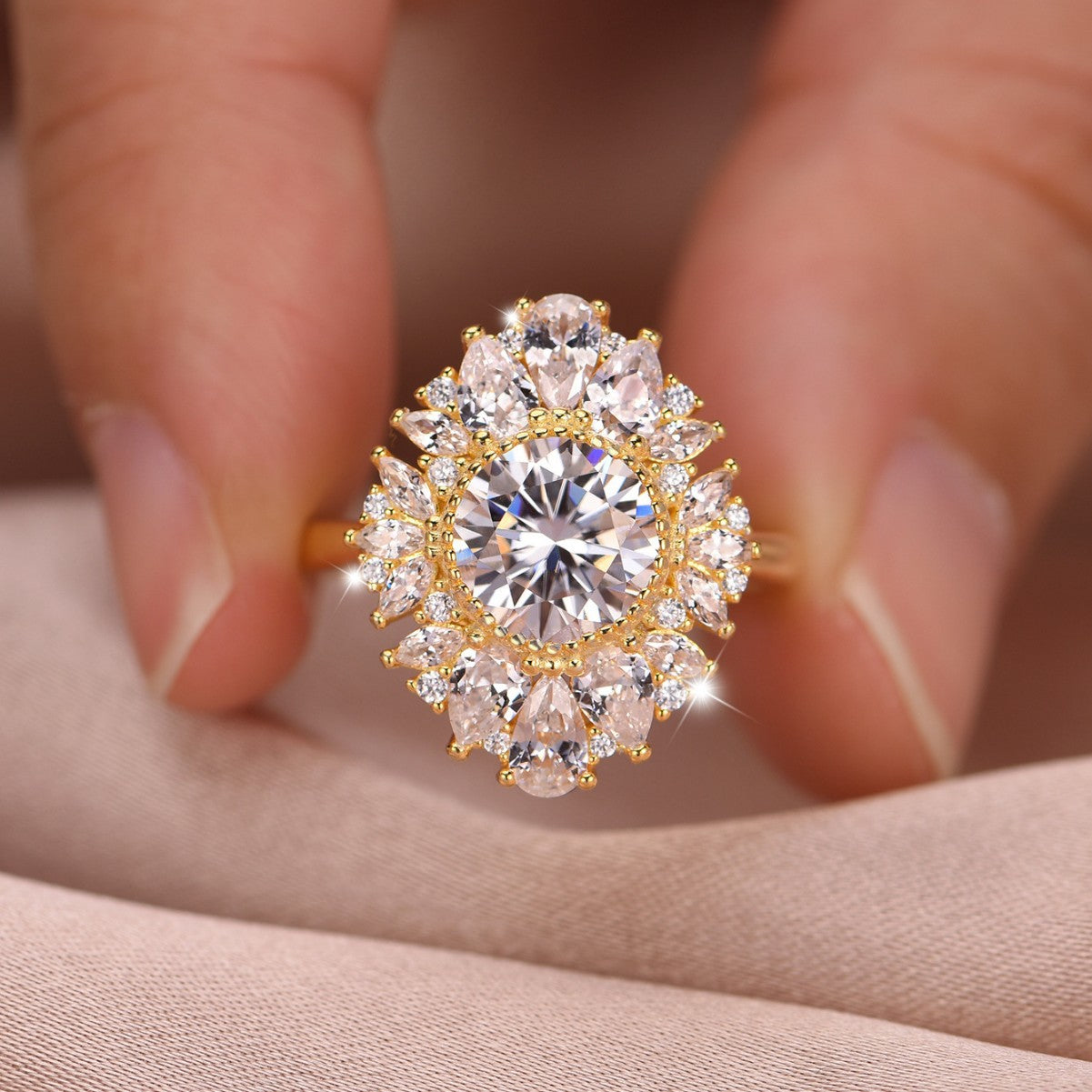 Large Flowered Moissanite Round Centre Stone  925 Sterling Silver Ring