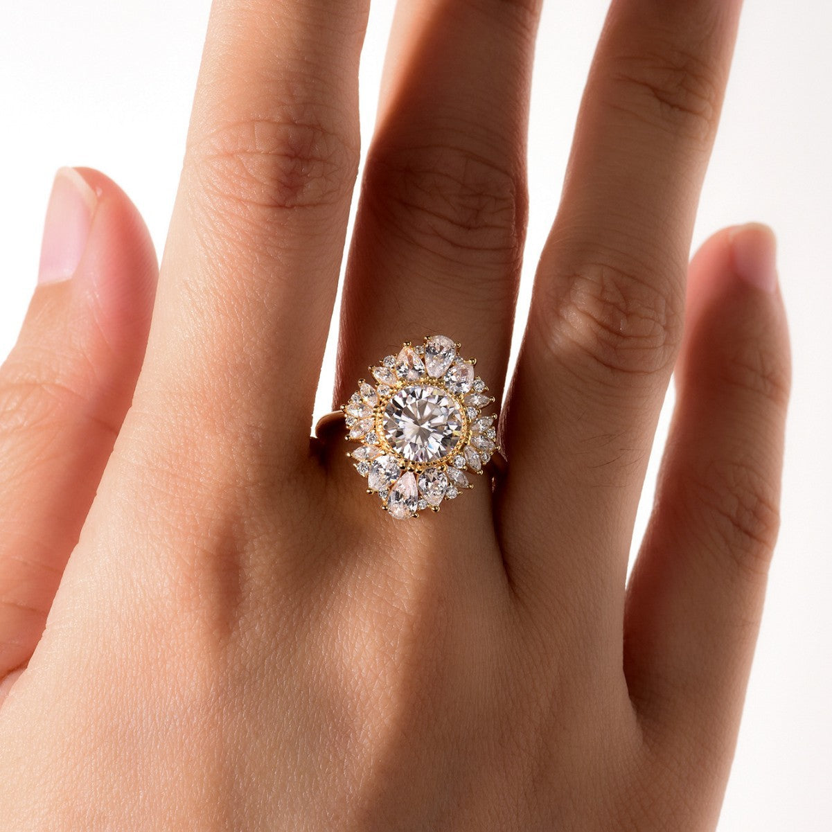 Large Flowered Moissanite Round Centre Stone  925 Sterling Silver Ring