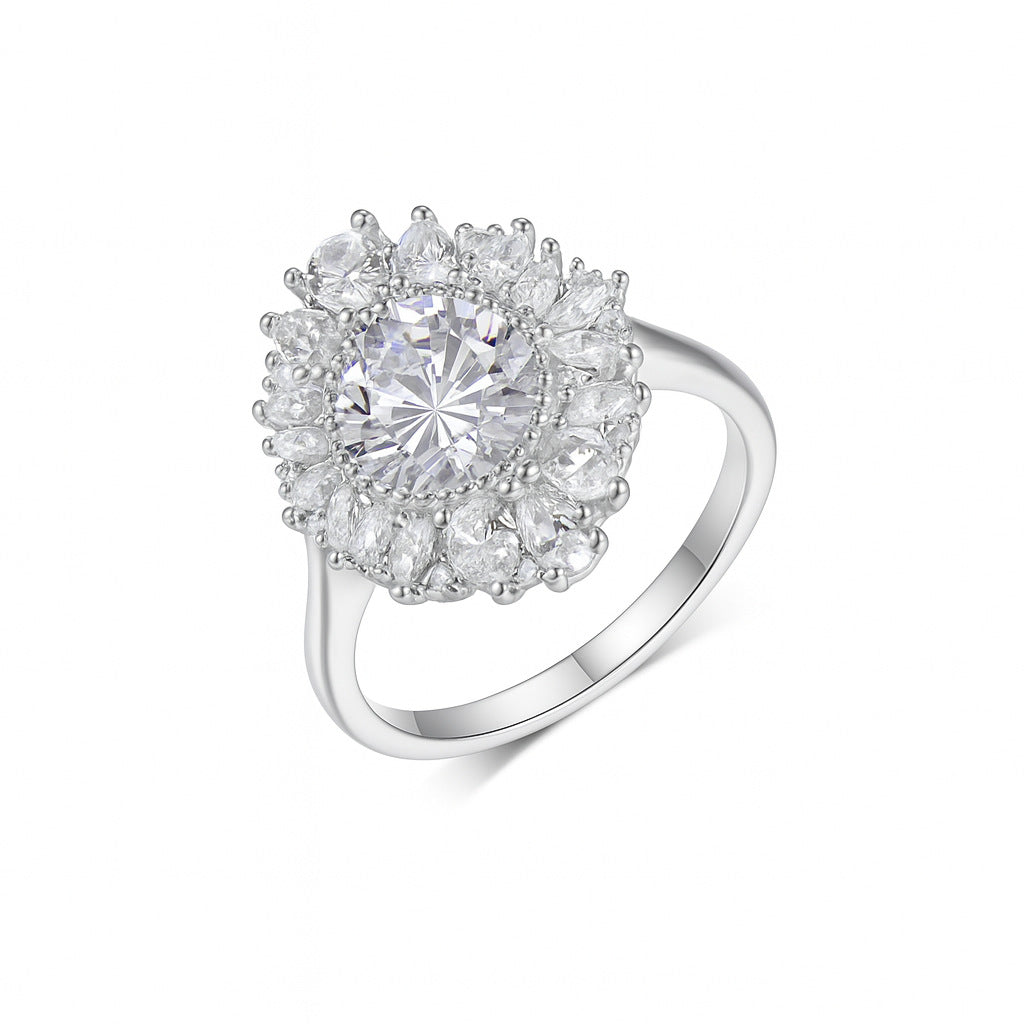 Large Flowered Moissanite Round Centre Stone  925 Sterling Silver Ring