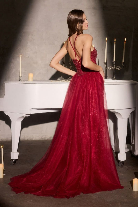 Fitted Dress Halter Neckline Crossover Beaded Bodice Sheer Corset Detachable Overskirt Train