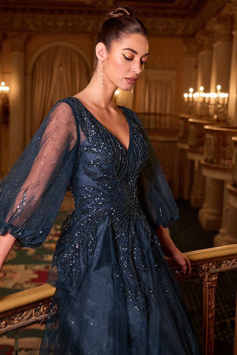 Long Sleeve A-Line Tulle Evening Gown with Embellished Appliqué Bodice