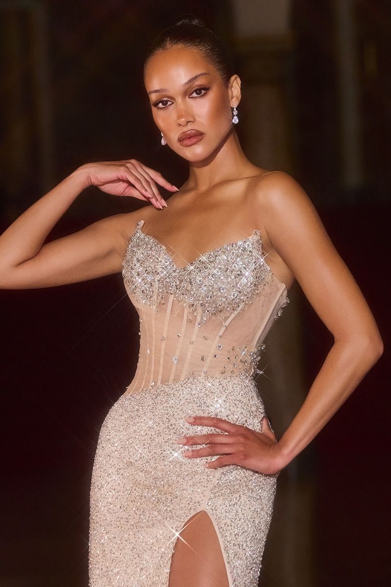 Fitted Dress Sweetheart Neckline Sheer Beaded Corset Crystal Embellishment Slit