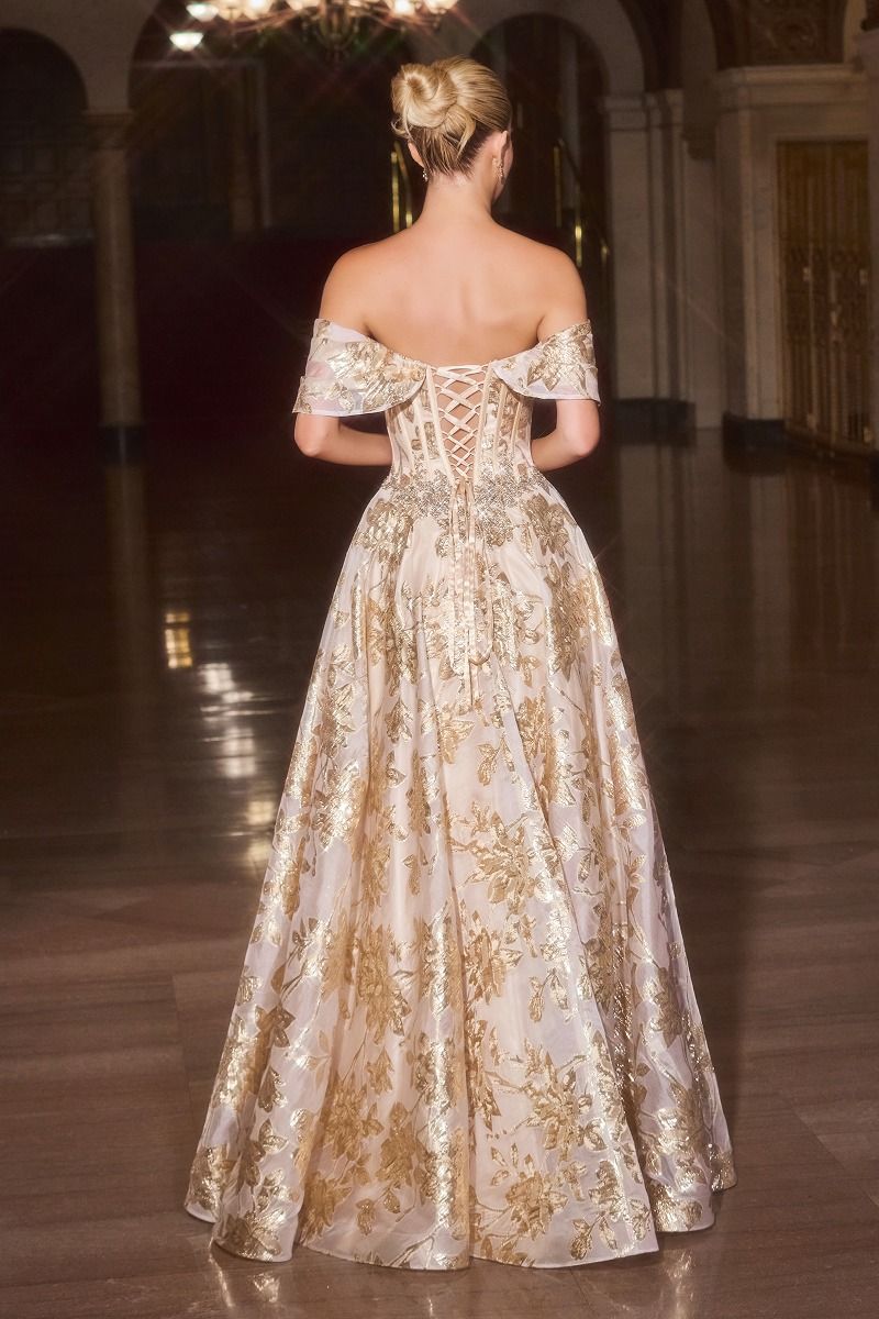 Ball Gown Off-The-Shoulder Beaded Crystal Corset Metallic Floral Jacquard Skirt