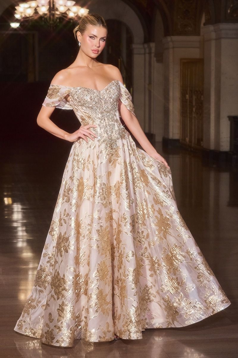 Ball Gown Off-The-Shoulder Beaded Crystal Corset Metallic Floral Jacquard Skirt