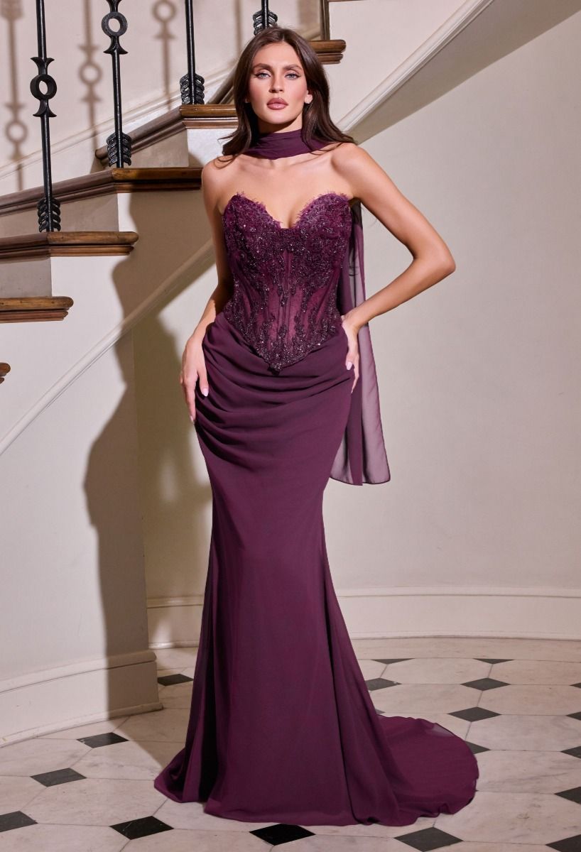 Strapless Beaded Sheer Corset Mesh Gown