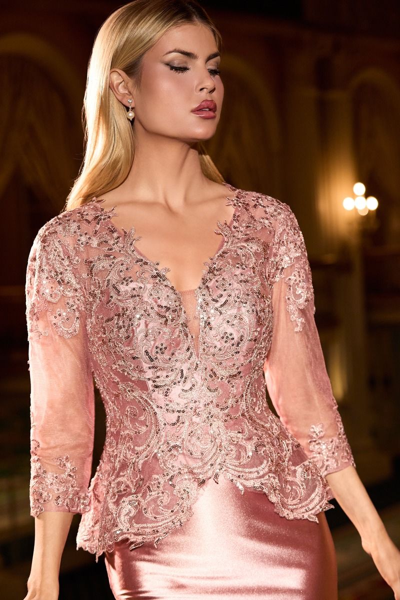 Lace Appliqué Peplum Fitted Evening Gown with Three-Quarter Sleeves