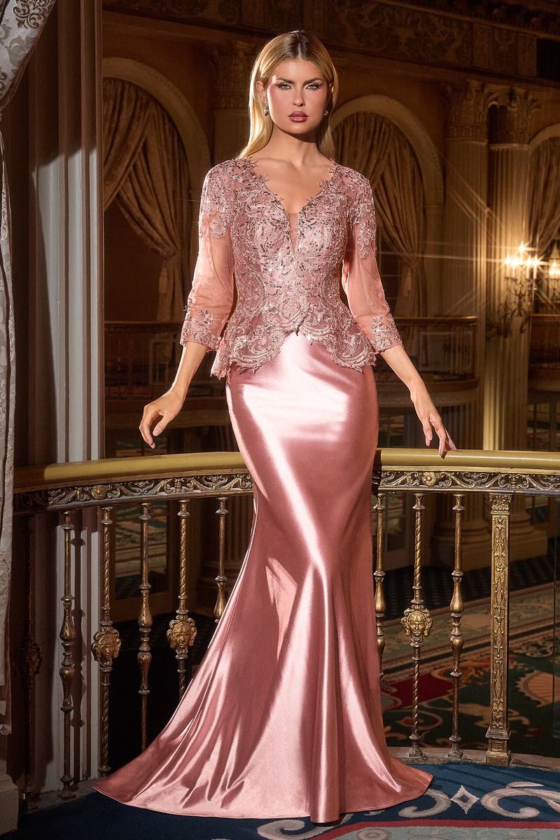 Lace Appliqué Peplum Fitted Evening Gown with Three-Quarter Sleeves