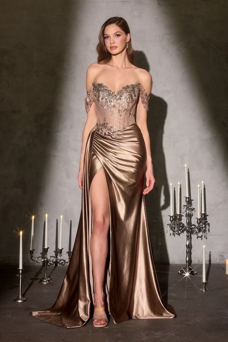 Golden Off-Shoulder Corset Gown With Floral Beading