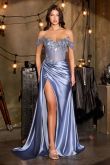 Golden Off-Shoulder Corset Gown With Floral Beading