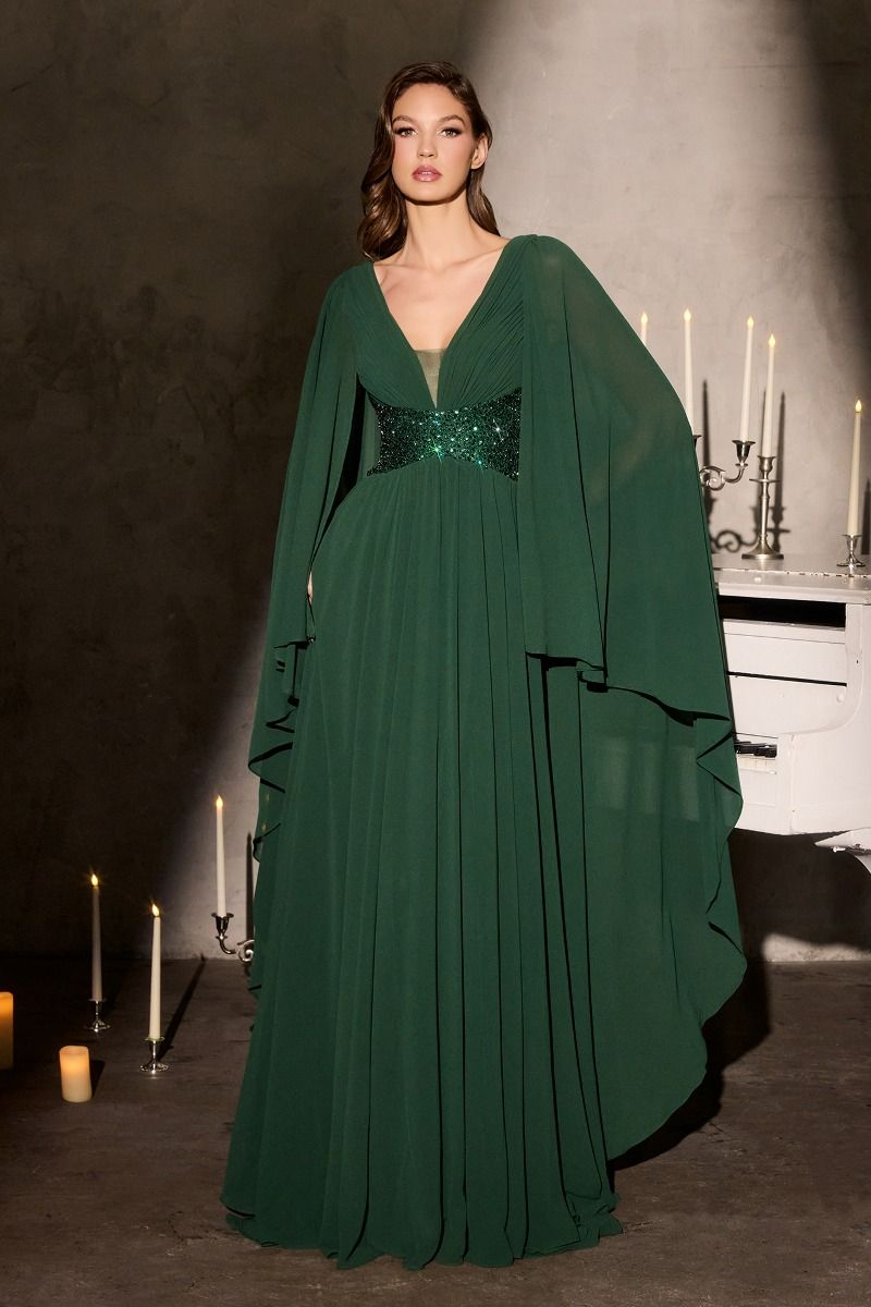 Flowing Chiffon Gown a Pleated V-Neckline and a Beaded Waistline