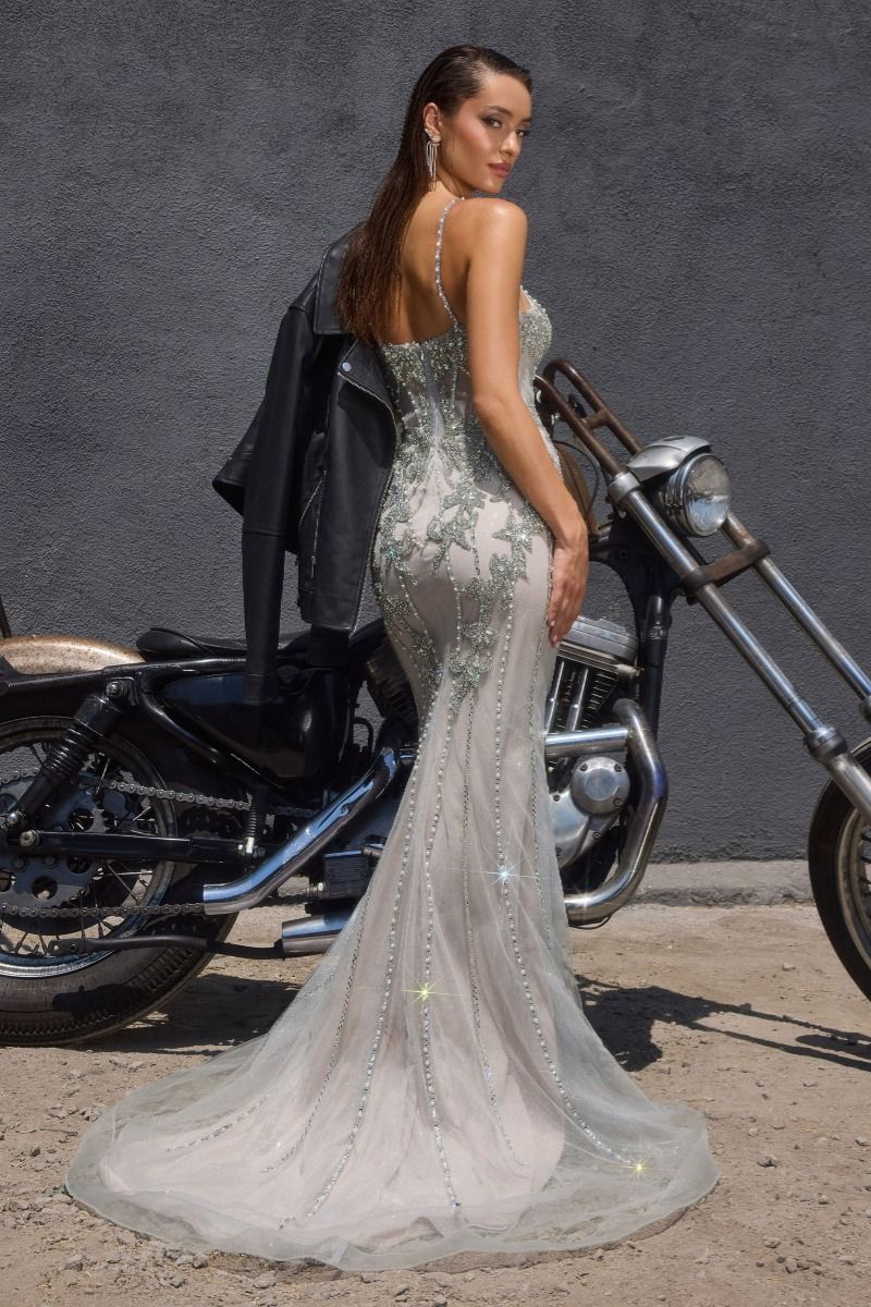 Fitted Evening Gown Sweetheart Neckline Crystal Beaded Bodice Sheer Train Open Back