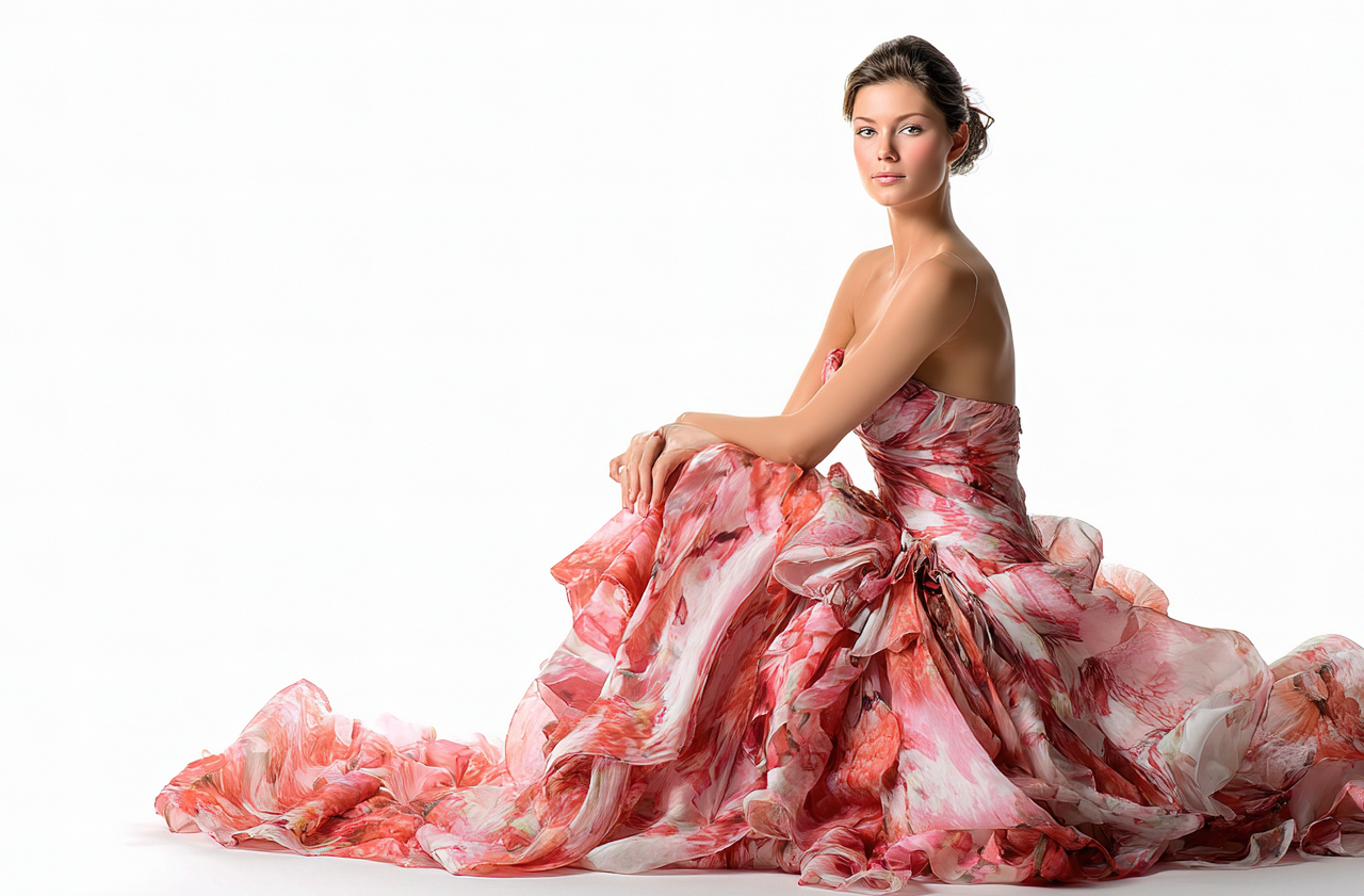 A woman seated on a white studio floor wearing a strapless voluminous gown with a pink, coral, and white floral marbled print.